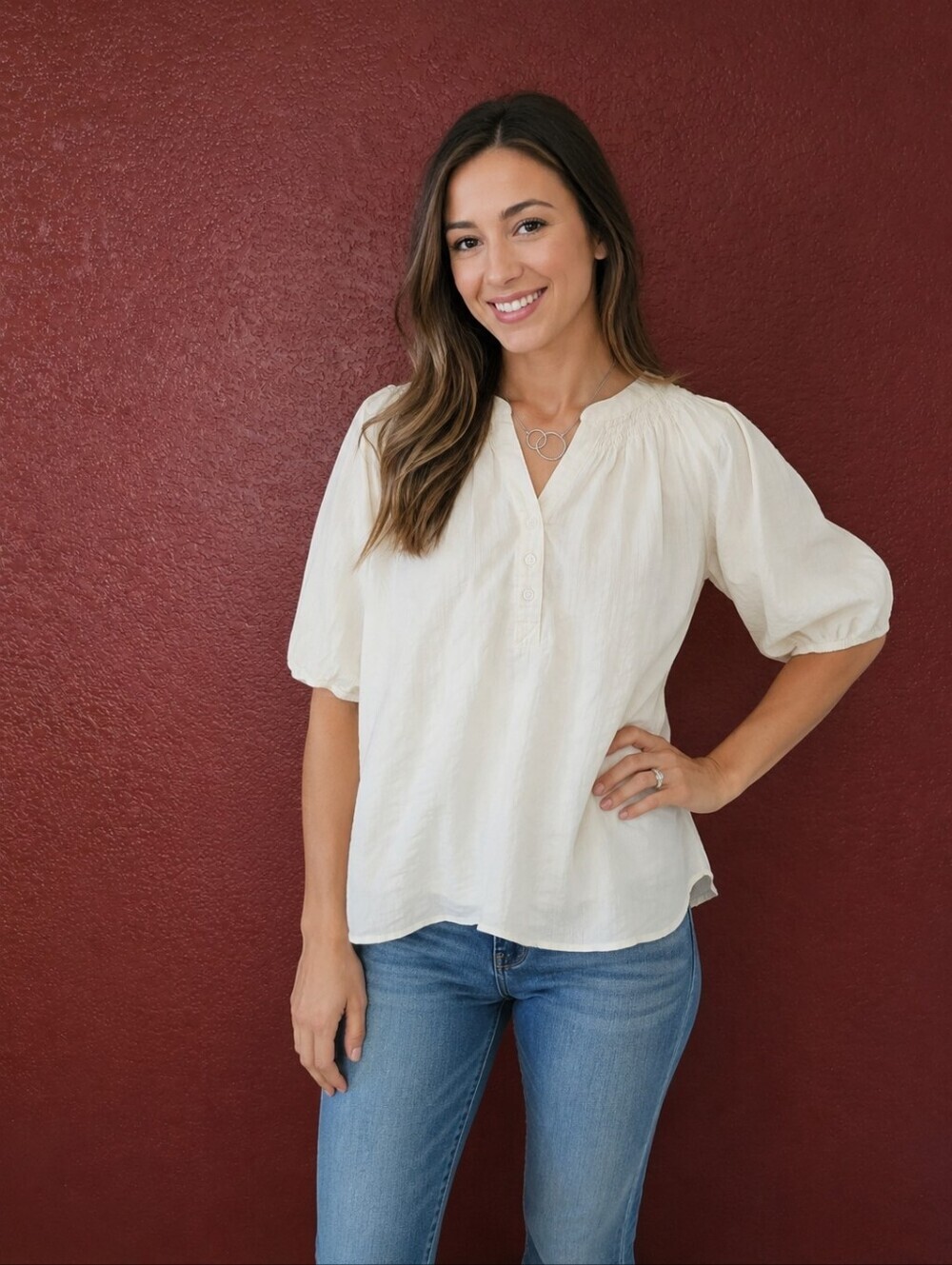 Women's Cream Henley Puff-Sleeve Blouse
